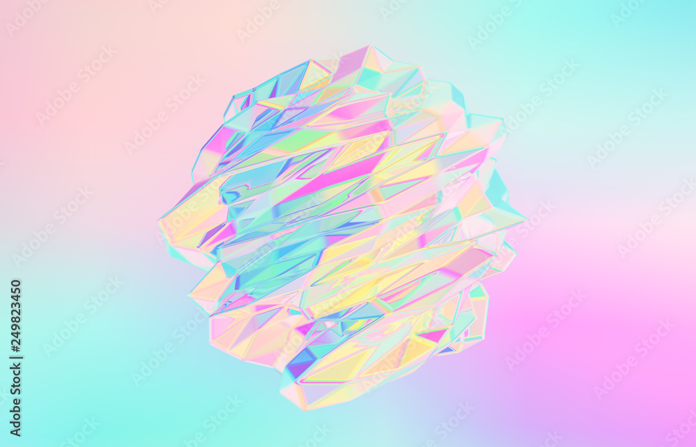 Poster 3d render. abstract geometric crystal background, iridescent texture, faceted gem.