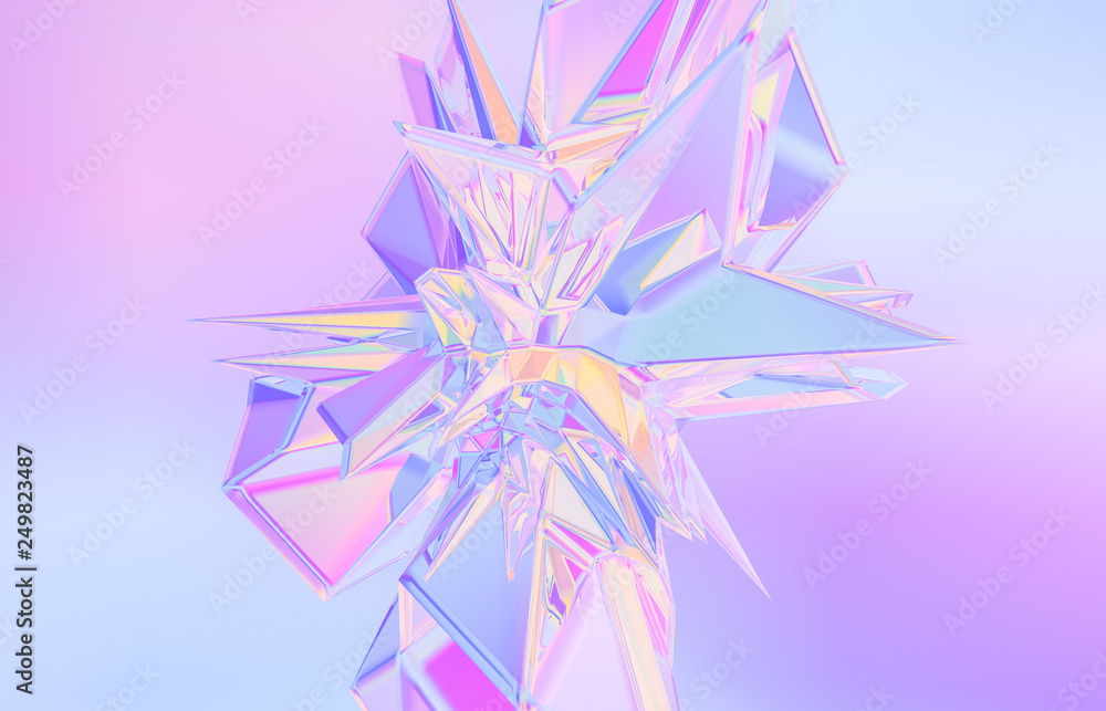 Poster 3d render. abstract geometric crystal background, iridescent texture, faceted gem.