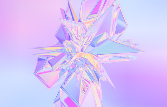 3d render. Abstract geometric crystal background, iridescent texture, faceted gem.