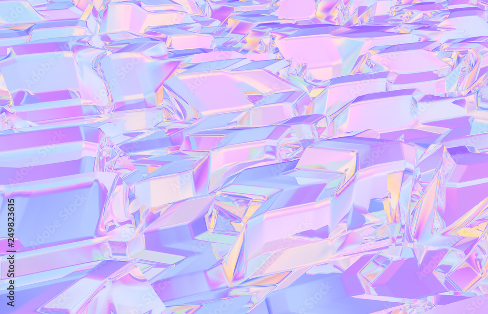 Poster 3d render. abstract geometric crystal background, iridescent texture, faceted gem.