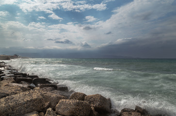 The coast of stone blocks in Heraklion.