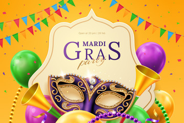 Purple mask with diamonds for carnival at mardi gras invitation flyer. Balloons and horns, beads and flags, crepe paper streamer at venice parade background. New Orlean parade banner. Venetian holiday