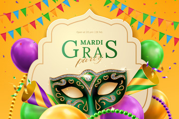 Party hat and masquerade ball mask at mardi gras banner background. Venetian carnival or festival invitation flyer with balloons and flags, beads and confetti. Fat tuesday and venetian celebration © Sensvector