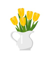 Bouquet of yellow tulips in jug. Spring bouquet concept design. Yellow tulips flowers bouquet isolated on white background. Vector illustration.