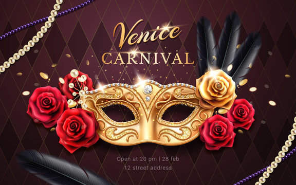 Mardi gras carnival banner with mask and rose flower, feather, beads or chaplet. Masquerade costume part on venice festival banner. Colombina mask with lace. Venetian festive flyer, party poster