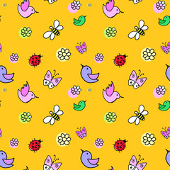 spring pattern, spring doodle background, hand-drawn doodle seamless vector pattern (birds, butterflies, flies, flowers) on a yellow background, bright sunny pattern for your design