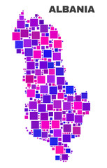 Obraz premium Mosaic Albania map isolated on a white background. Vector geographic abstraction in pink and violet colors. Mosaic of Albania map combined of random square elements.
