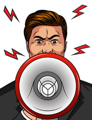 Color vector pop art comic style illustration of an angry man with a loudspeaker in his hand. An aggressive man shouts in a megaphone. Man upset. A man in a rage speaks loudly