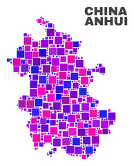 Mosaic Anhui Province map isolated on a white background. Vector geographic abstraction in pink and violet colors. Mosaic of Anhui Province map combined of random square elements.