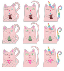 Big set funny pink cat unicorn. Concept of miracles and magic