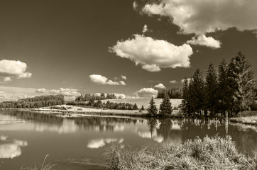 Summer view of the water surface of the river with overgrown picturesque banks and Cumulus clouds...