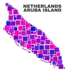 Mosaic Aruba Island map isolated on a white background. Vector geographic abstraction in pink and violet colors. Mosaic of Aruba Island map combined of random square elements.