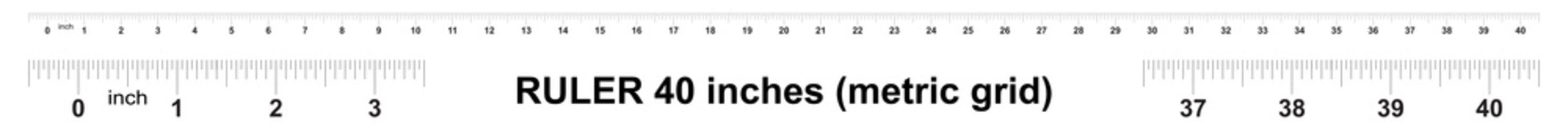 Ruler 40 inches. Metric inch size indicator. Decimal system grid. Measuring tool