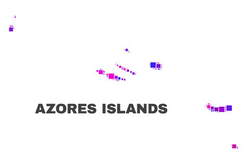 Mosaic Azores Islands map isolated on a white background. Vector geographic abstraction in pink and violet colors. Mosaic of Azores Islands map combined of scattered square elements.