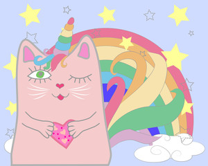 Cute cat unicorn with rainbow and slogan. hand drawn illustration.