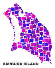 Mosaic Barbuda Island map isolated on a white background. Vector geographic abstraction in pink and violet colors. Mosaic of Barbuda Island map combined of scattered square elements.