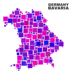 Fototapeta na wymiar Mosaic Bavaria Land map isolated on a white background. Vector geographic abstraction in pink and violet colors. Mosaic of Bavaria Land map combined of random square items.