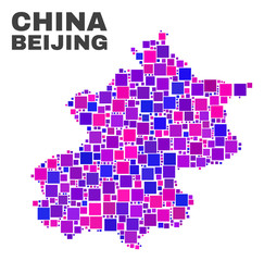 Fototapeta na wymiar Mosaic Beijing City map isolated on a white background. Vector geographic abstraction in pink and violet colors. Mosaic of Beijing City map combined of random square items.