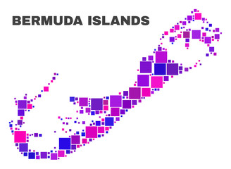 Mosaic Bermuda Islands map isolated on a white background. Vector geographic abstraction in pink and violet colors. Mosaic of Bermuda Islands map combined of random square items.
