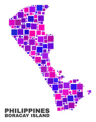 Mosaic Boracay Island map isolated on a white background. Vector geographic abstraction in pink and violet colors. Mosaic of Boracay Island map combined of random square items.