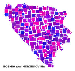 Fototapeta na wymiar Mosaic Bosnia and Herzegovina map isolated on a white background. Vector geographic abstraction in pink and violet colors. Mosaic of Bosnia and Herzegovina map combined of scattered square elements.