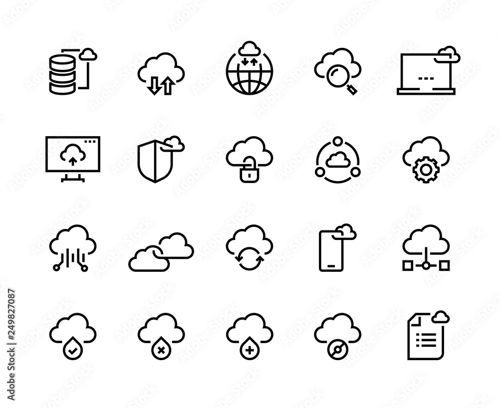 Poster Cloud computing line icons. Data storage technology information infrastructure system data. Cloud access platform vector set