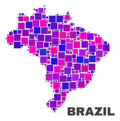 Mosaic Brazil map isolated on a white background. Vector geographic abstraction in pink and violet colors. Mosaic of Brazil map combined of random square items.