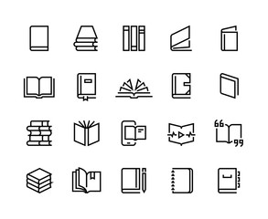 Book line icons. Open magazine, library education set, bookstore order collection. Vector dictionary bible textbook thin outline logo