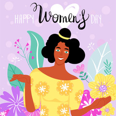 International Women's Day greeting card. Composition with happy afro-american girl, lettering and flowers. Vector illustration.