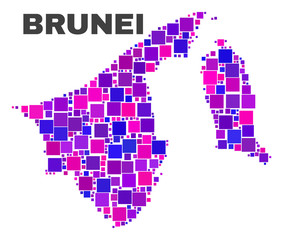 Mosaic Brunei map isolated on a white background. Vector geographic abstraction in pink and violet colors. Mosaic of Brunei map combined of scattered square elements.