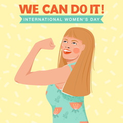 Feminism, girl power, International Women's Day concept. Strong girl showing her muscularity. Women empowerment. Vector illustration.