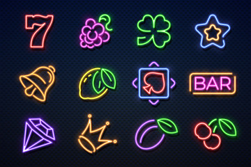 Neon casino signs. Slot gambling machine, playing cards, red cherry and hearts, gaming jackpot machine. Vector casino neon icons