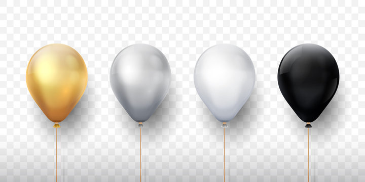 Realistic balloons. Golden 3d transparent party balloons, silver white birthday decoration. Vector flying party ballon set
