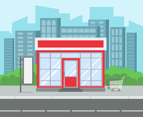 Street shop. Retro grocery store house supermarket exterior city street. Shopping retail building at road cartoon vector illustration