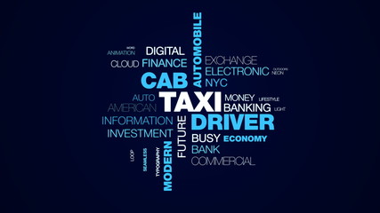 taxi driver cab automobile city contemporary commerce metropolitan passenger modern uber animated word cloud background in uhd 4k 3840 2160.