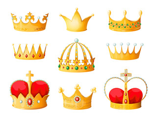 Gold cartoon crown. Golden yellow emperor prince queen crowns diamond coronation tiara crowning emojis corona isolated vector set © SpicyTruffel