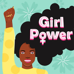 Feminism, girl power, International Women's Day concept. Strong afro-american girl showing her power. Women empowerment. Vector illustration.