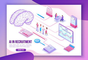 Fototapeta na wymiar Artificial intelligence in human resources, recruiting agency landing page template with 3d employer hiring worker, job interview, candidate search work, business people, isometric vector illustration