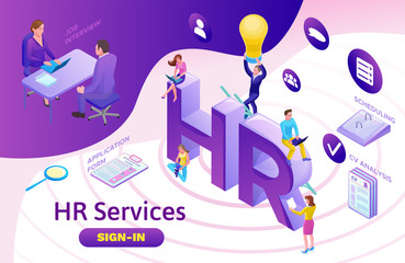 Job agency isometric infographic landing page template with 3d employer hiring talent worker, candidates search work via human resource mobile app, office business people, vector illustration