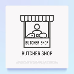 Butcher shop thin line icon: building with chicken's leg and steak. Modern vector illustration.