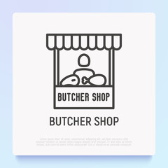 Butcher shop thin line icon: building with chicken's leg and steak. Modern vector illustration.