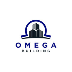 A omega logo design template. Awesome omega with building logo. A omega with building lineart logotype. - obrazy, fototapety, plakaty