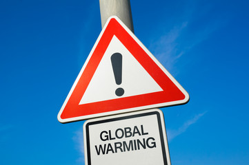 Global warming / Climate change  - exclamation mark to alert, warn caution - temperature on Planet Earth is rising