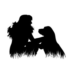 Illustration of woman with dog icon in the grass. Vector silhouette on white background. Symbol of friendship.
