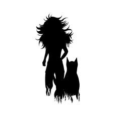 Illustration of woman with dog icon in the grass. Vector silhouette on white background. Symbol of friendship.