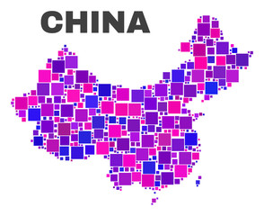 Fototapeta na wymiar Mosaic China map isolated on a white background. Vector geographic abstraction in pink and violet colors. Mosaic of China map combined of scattered square elements.