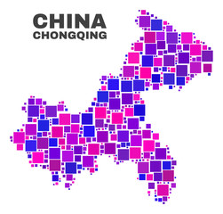 Fototapeta premium Mosaic Chongqing City map isolated on a white background. Vector geographic abstraction in pink and violet colors. Mosaic of Chongqing City map combined of scattered square elements.