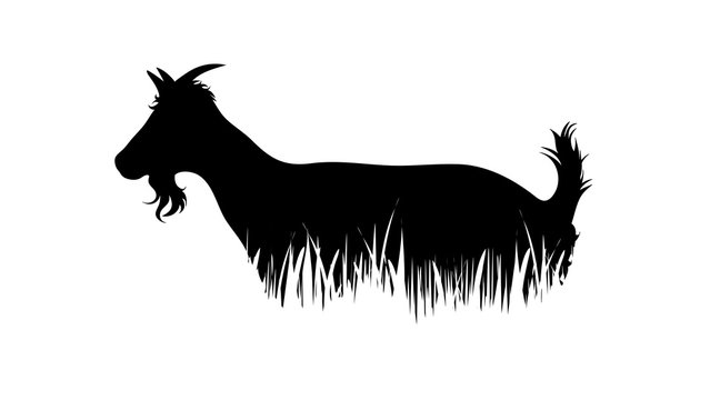 Illustration of goat icon in the grass. Vector silhouette on white background. Symbol of cattle.