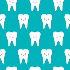 Vector seamless pattern with teeth on a blue background. Cute kawaii style