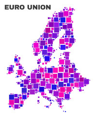 Mosaic Euro Union map isolated on a white background. Vector geographic abstraction in pink and violet colors. Mosaic of Euro Union map combined of scattered square elements.